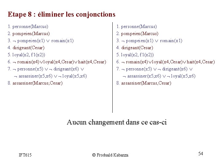 Etape 8 : éliminer les conjonctions 1. personne(Marcus) 2. pompeien(Marcus) 3. pompeien(x 1) romain(x Etape 8 : éliminer les conjonctions 1. personne(Marcus) 2. pompeien(Marcus) 3. pompeien(x 1) romain(x