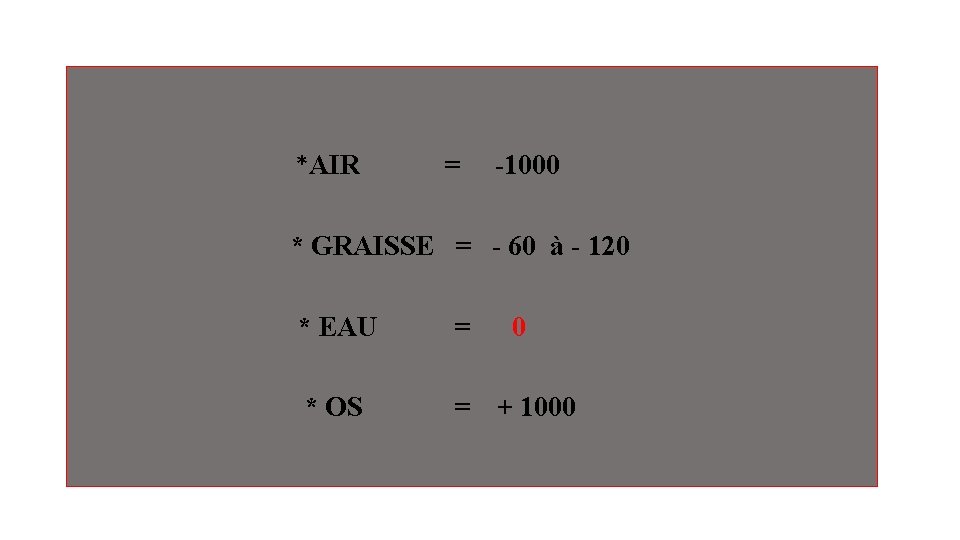 *AIR = -1000 * GRAISSE = - 60 à - 120 * EAU = *AIR = -1000 * GRAISSE = - 60 à - 120 * EAU =