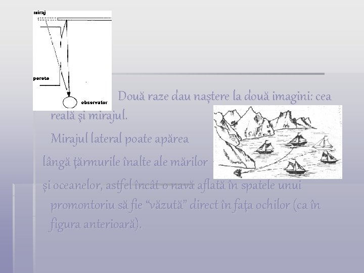 Două raze dau naştere la două imagini: cea reală şi mirajul. Mirajul lateral poate