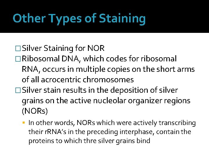 Other Types of Staining �Silver Staining for NOR �Ribosomal DNA, which codes for ribosomal