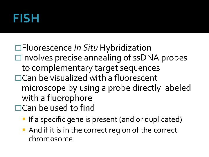 FISH �Fluorescence In Situ Hybridization �Involves precise annealing of ss. DNA probes to complementary