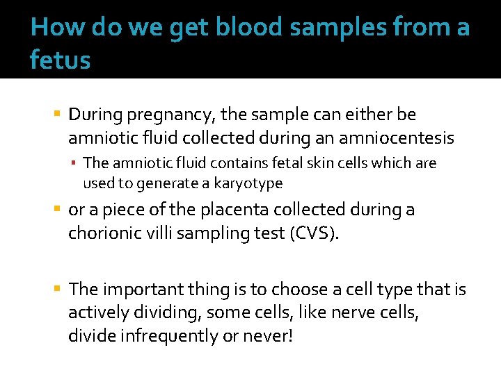 How do we get blood samples from a fetus During pregnancy, the sample can