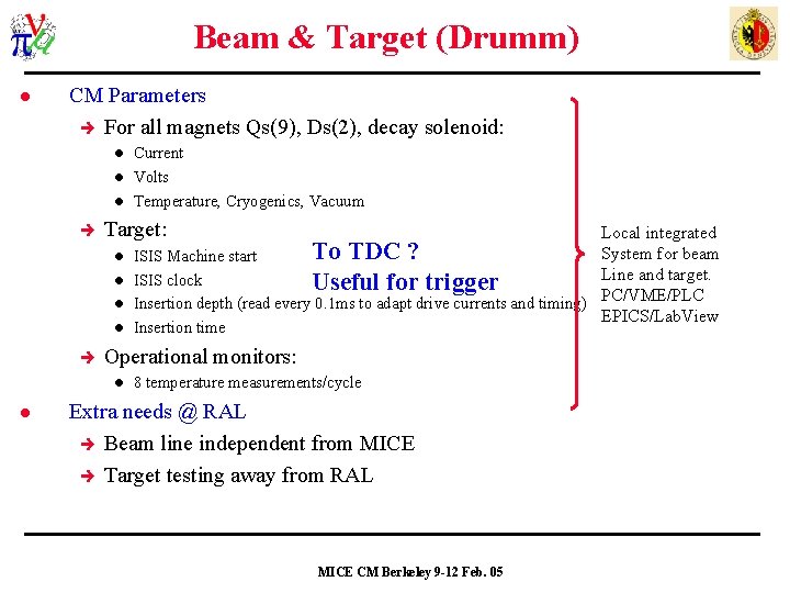 Beam & Target (Drumm) l CM Parameters For all magnets Qs(9), Ds(2), decay solenoid: