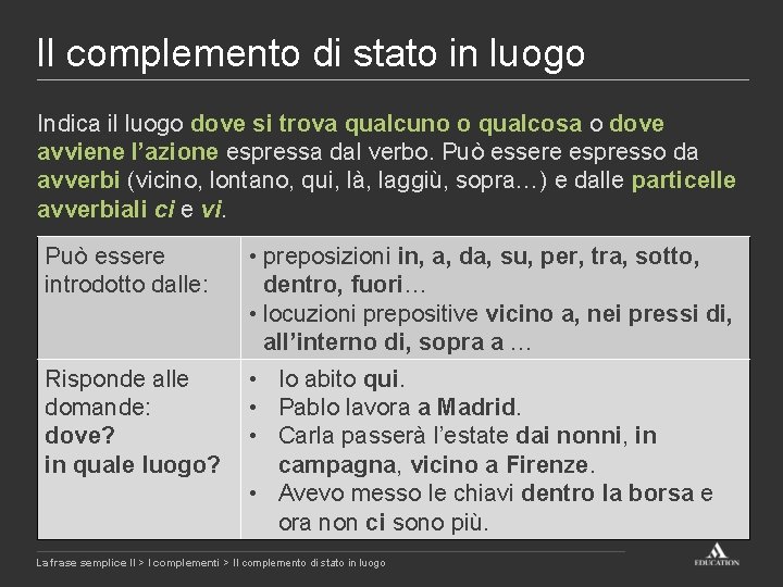 Il complemento di stato in luogo Indica il luogo dove si trova qualcuno o