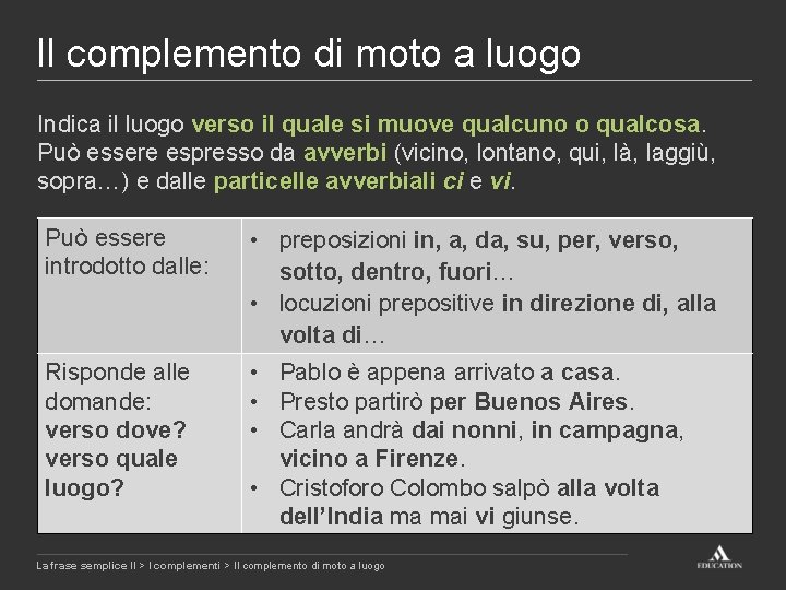 Il complemento di moto a luogo Indica il luogo verso il quale si muove