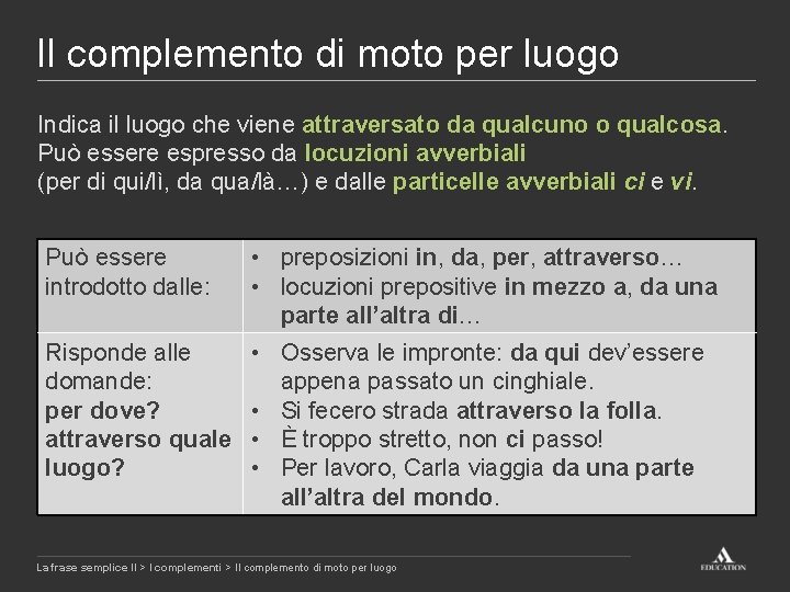 Il complemento di moto per luogo Indica il luogo che viene attraversato da qualcuno