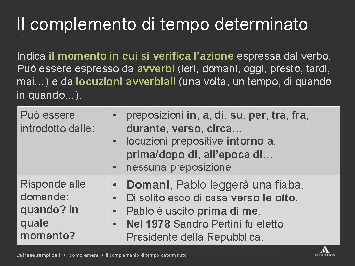 Il complemento di tempo determinato Indica il momento in cui si verifica l’azione espressa