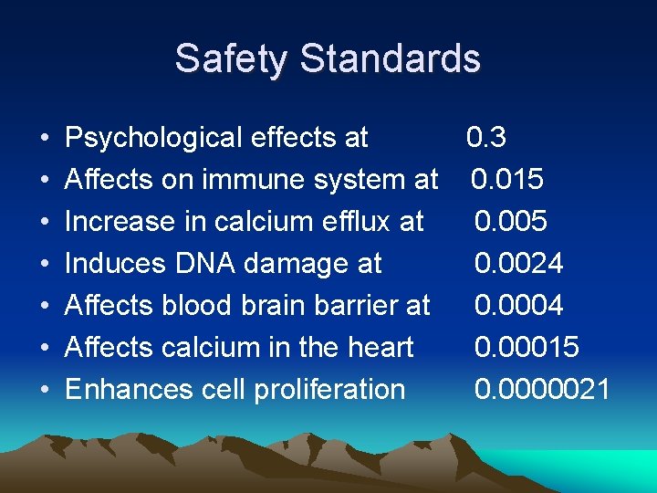 Safety Standards • • Psychological effects at 0. 3 Affects on immune system at