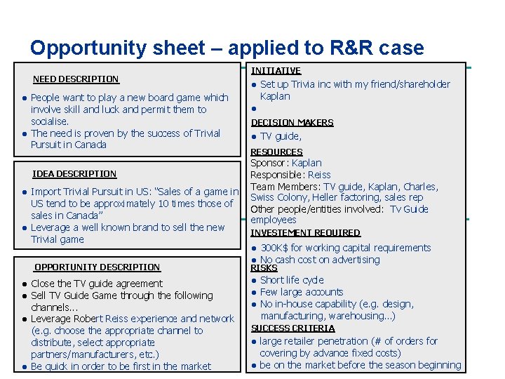 Opportunity sheet – applied to R&R case NEED DESCRIPTION ● People want to play