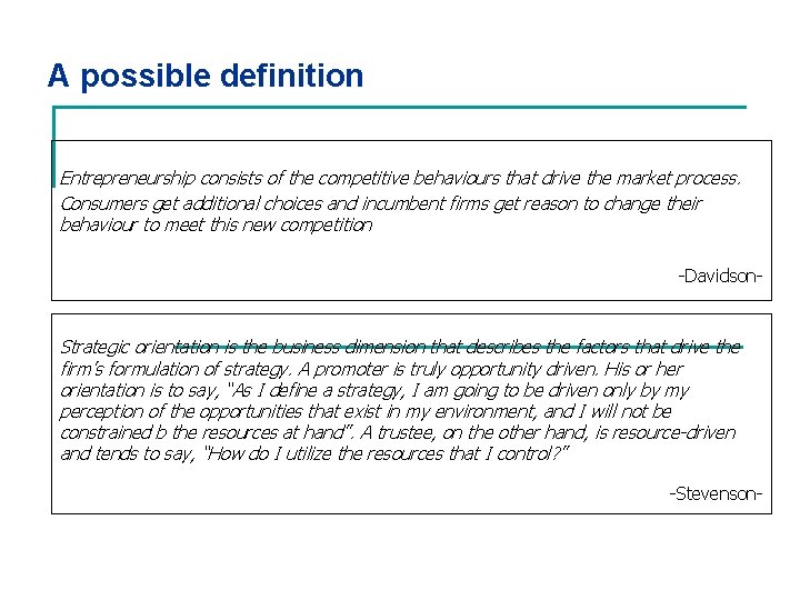 A possible definition Entrepreneurship consists of the competitive behaviours that drive the market process.