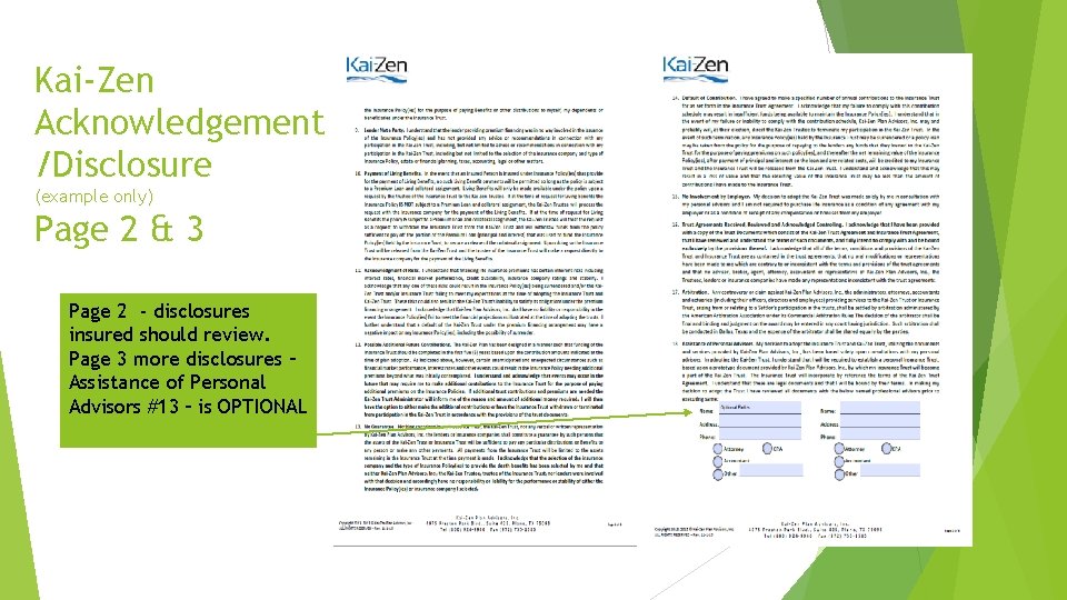 Kai-Zen Acknowledgement /Disclosure (example only) Page 2 & 3 Page 2 - disclosures insured