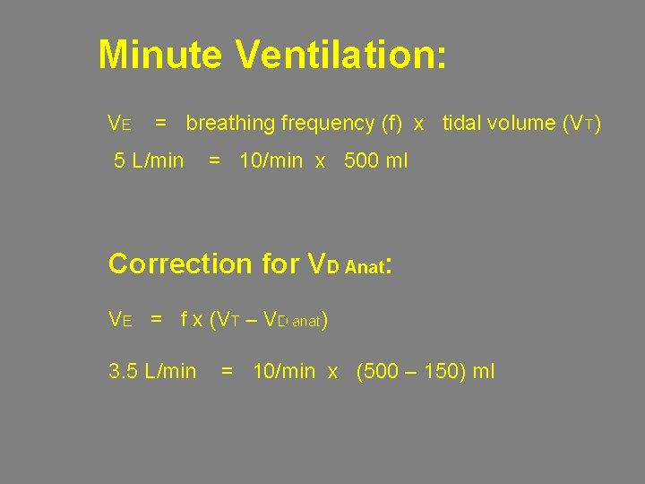 Minute Ventilation: VE = breathing frequency (f) x tidal volume (VT) 5 L/min =