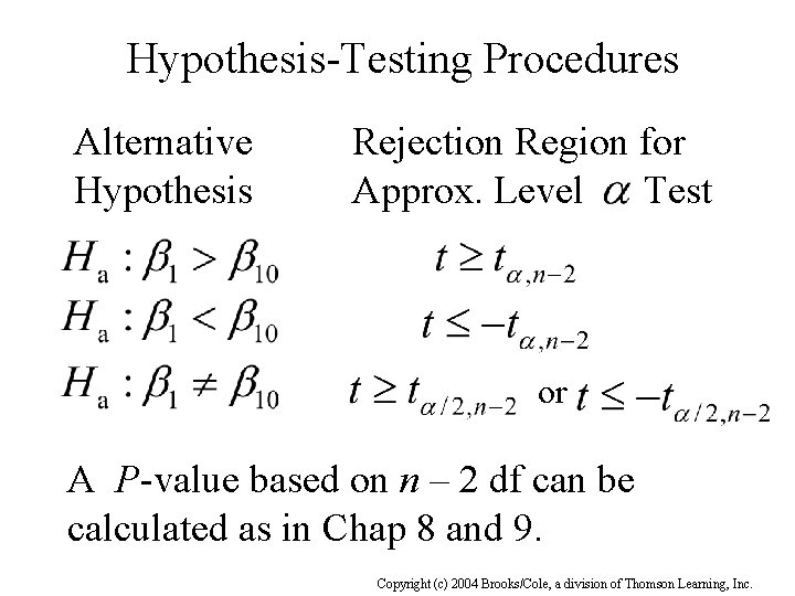 Hypothesis-Testing Procedures Alternative Hypothesis Rejection Region for Approx. Level Test or A P-value based
