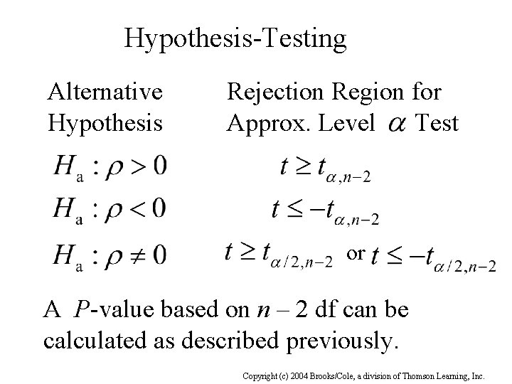 Hypothesis-Testing Alternative Hypothesis Rejection Region for Approx. Level Test or A P-value based on