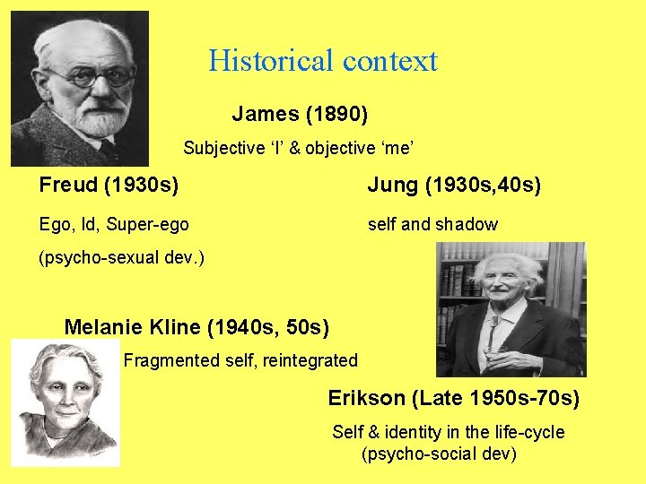 Historical context James (1890) Subjective ‘I’ & objective ‘me’ Freud (1930 s) Jung (1930