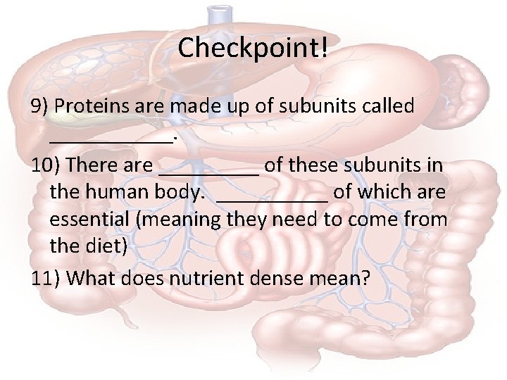 Checkpoint! 9) Proteins are made up of subunits called ______. 10) There are _____