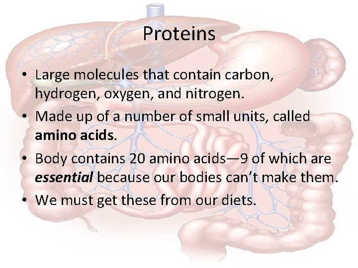 Proteins • Large molecules that contain carbon, hydrogen, oxygen, and nitrogen. • Made up