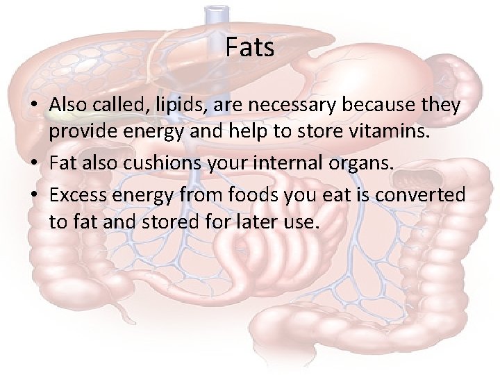 Fats • Also called, lipids, are necessary because they provide energy and help to