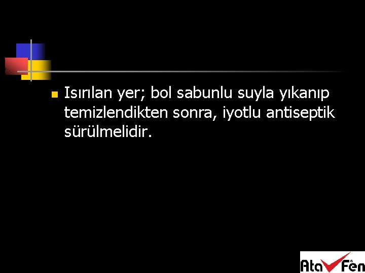 n Isırılan yer; bol sabunlu suyla yıkanıp temizlendikten sonra, iyotlu antiseptik sürülmelidir. 