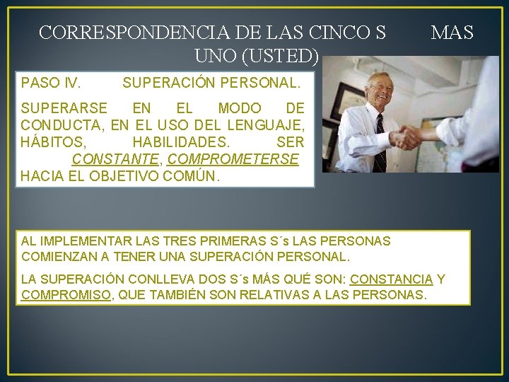 CORRESPONDENCIA DE LAS CINCO S UNO (USTED) PASO IV. MAS SUPERACIÓN PERSONAL. SUPERARSE EN