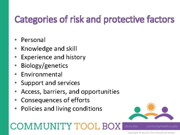 Categories of risk and protective factors • • • Personal Knowledge and skill Experience