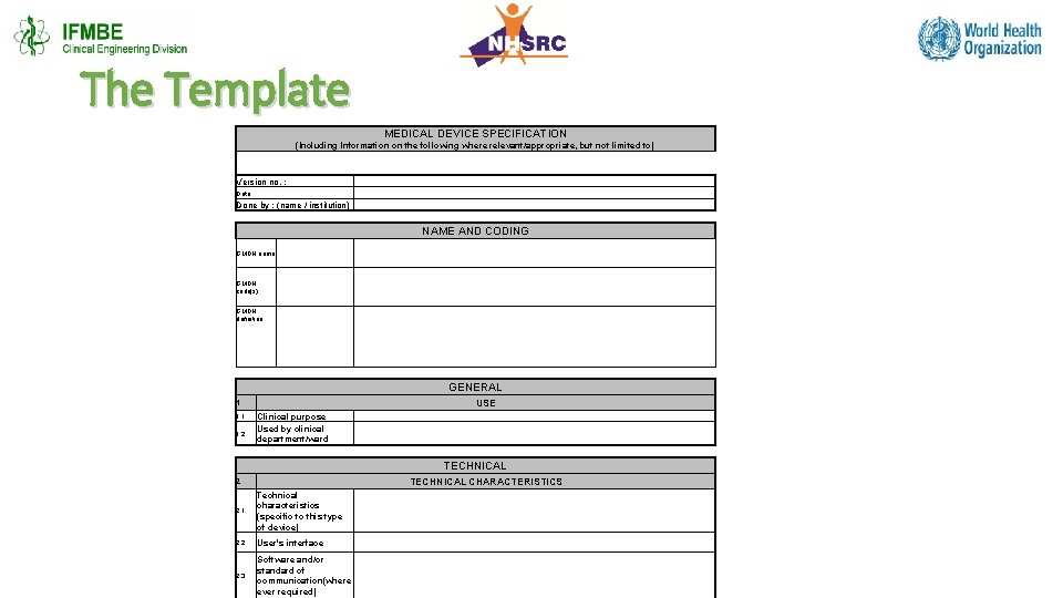 The Template MEDICAL DEVICE SPECIFICATION (Including Information on the following where relevant/appropriate, but not