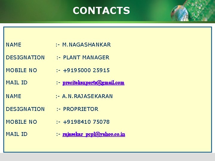 CONTACTS NAME : - M. NAGASHANKAR DESIGNATION : - PLANT MANAGER MOBILE NO :