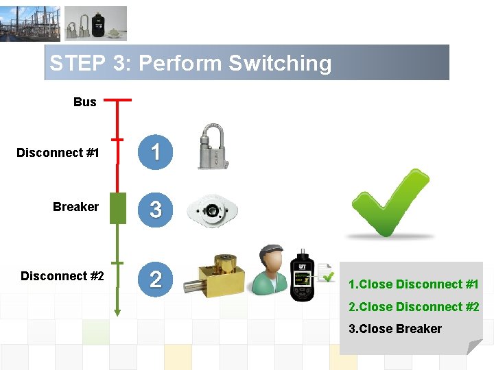 STEP 3: Perform Switching Bus Disconnect #1 Breaker Disconnect #2 1. Close Disconnect #1