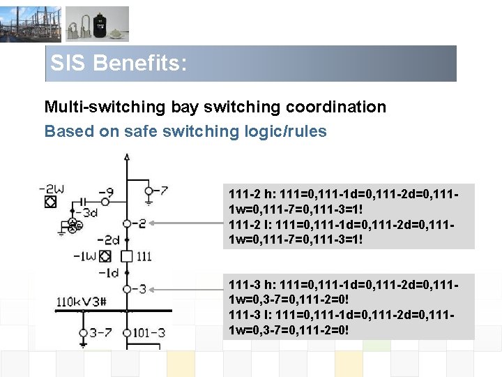 SIS Benefits: Multi-switching bay switching coordination Based on safe switching logic/rules 111 -2 h: