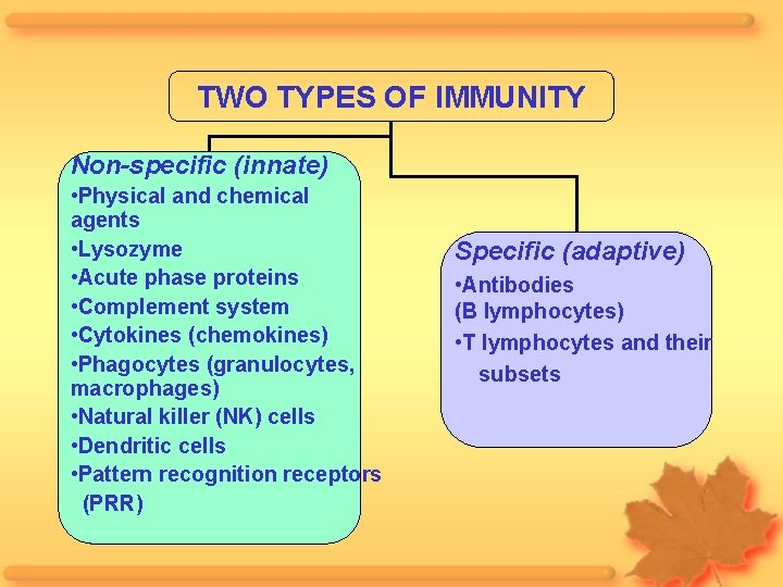 TWO TYPES OF IMMUNITY Non-specific (innate) • Physical and chemical agents • Lysozyme •