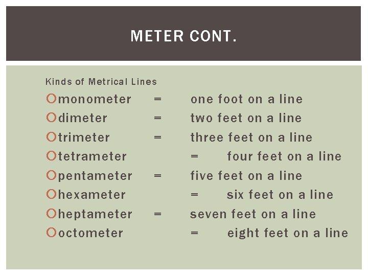 METER CONT. Kinds of Metrical Lines monometer dimeter trimeter tetrameter pentameter hexameter heptameter octometer