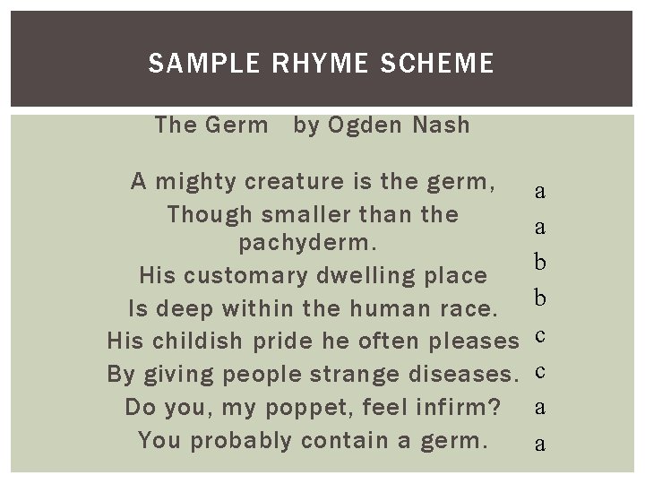 SAMPLE RHYME SCHEME The Germ by Ogden Nash A mighty creature is the germ,