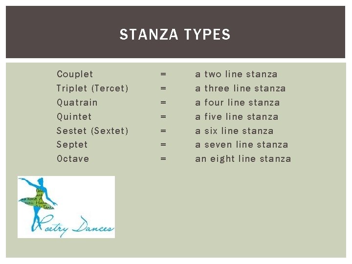 STANZA TYPES Couplet Triplet (Tercet) Quatrain Quintet Sestet (Sextet) Septet Octave = = =