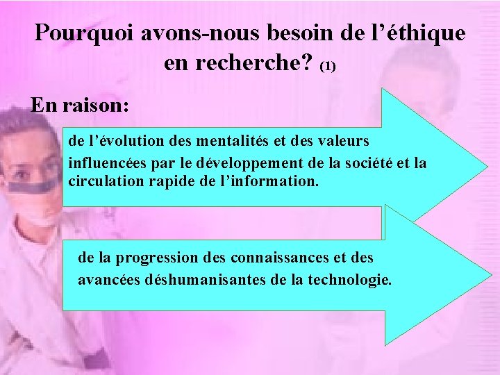 Pourquoi avons-nous besoin de l’éthique en recherche? (1) En raison: de l’évolution des mentalités