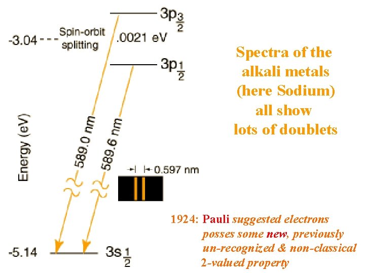 Spectra of the alkali metals (here Sodium) all show lots of doublets 1924: Pauli