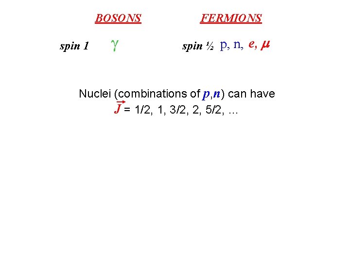 BOSONS spin 1 FERMIONS spin ½ p, n, e, Nuclei (combinations of p, n)