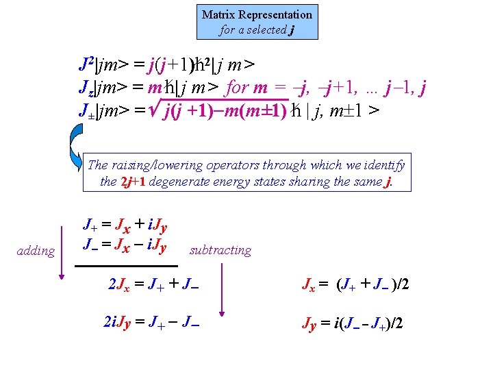 Matrix Representation for a selected j J 2|jm> = j(j+1)h 2| j m >