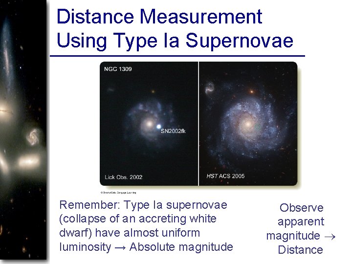 Distance Measurement Using Type Ia Supernovae Remember: Type Ia supernovae (collapse of an accreting