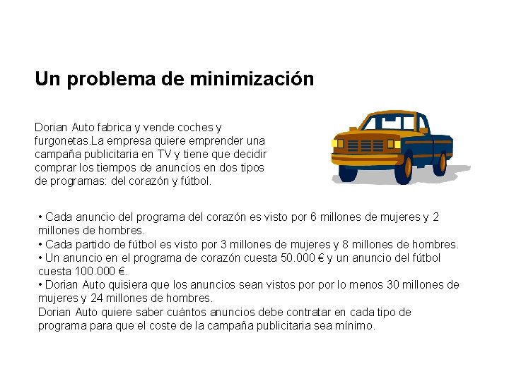 Un problema de minimización Dorian Auto fabrica y vende coches y furgonetas. La empresa Un problema de minimización Dorian Auto fabrica y vende coches y furgonetas. La empresa