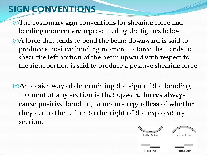 SIGN CONVENTIONS The customary sign conventions for shearing force and bending moment are represented