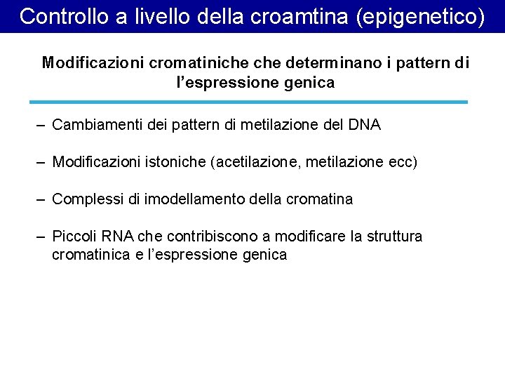 Controllo a livello della croamtina (epigenetico) Modificazioni cromatiniche determinano i pattern di l’espressione genica Controllo a livello della croamtina (epigenetico) Modificazioni cromatiniche determinano i pattern di l’espressione genica