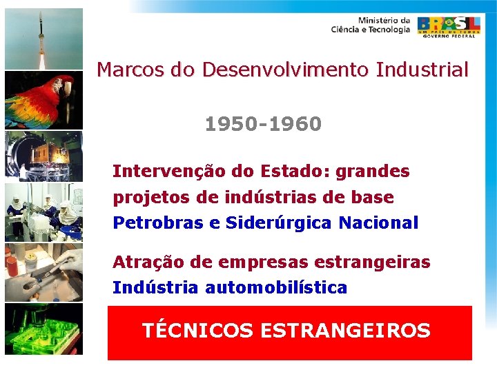 Marcos do Desenvolvimento Industrial 1950 -1960 Intervenção do Estado: grandes projetos de indústrias de