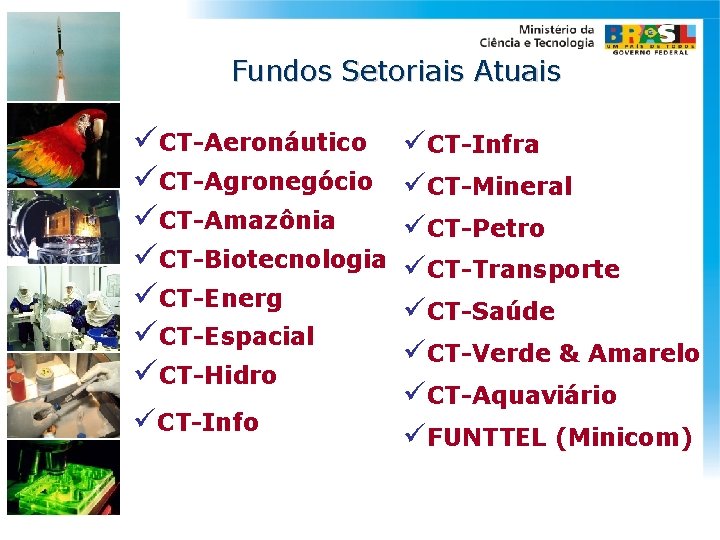 Fundos Setoriais Atuais üCT-Aeronáutico üCT-Agronegócio üCT-Amazônia üCT-Biotecnologia üCT-Energ üCT-Espacial üCT-Hidro üCT-Infra üCT-Mineral üCT-Petro üCT-Transporte