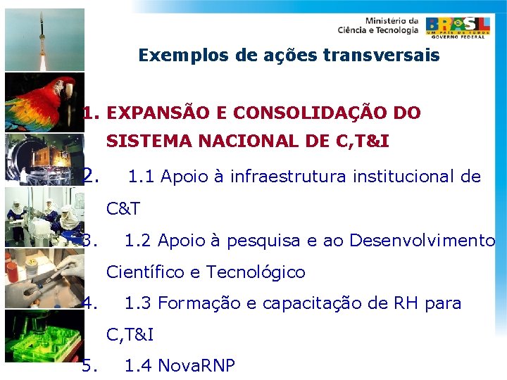 Exemplos de ações transversais 1. EXPANSÃO E CONSOLIDAÇÃO DO SISTEMA NACIONAL DE C, T&I