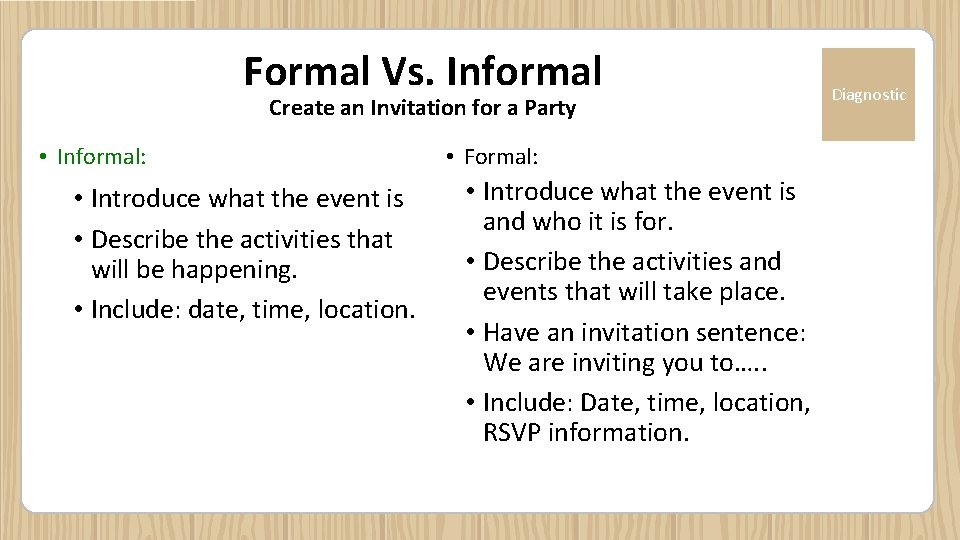 Formal Vs. Informal Create an Invitation for a Party • Informal: • Introduce what