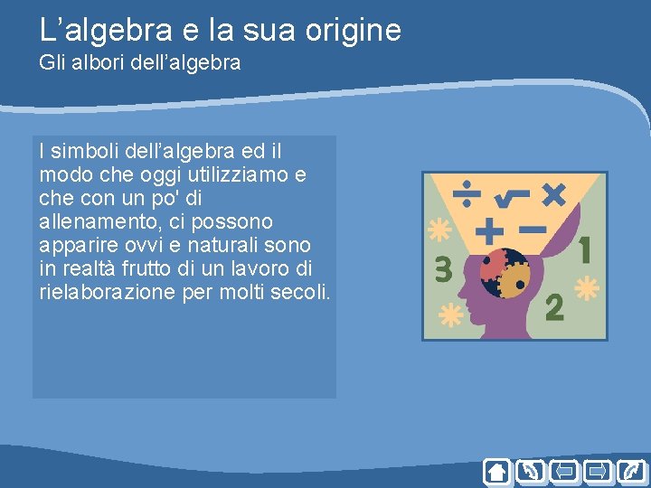 L’algebra e la sua origine Gli albori dell’algebra I simboli dell’algebra ed il modo L’algebra e la sua origine Gli albori dell’algebra I simboli dell’algebra ed il modo