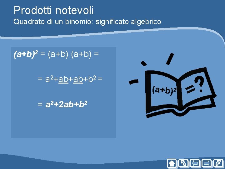 Prodotti notevoli Quadrato di un binomio: significato algebrico (a+b)2 = (a+b) = = a Prodotti notevoli Quadrato di un binomio: significato algebrico (a+b)2 = (a+b) = = a
