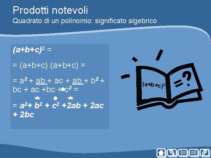 Prodotti notevoli Quadrato di un polinomio: significato algebrico (a+b+c)2 = = (a+b+c) = = Prodotti notevoli Quadrato di un polinomio: significato algebrico (a+b+c)2 = = (a+b+c) = =