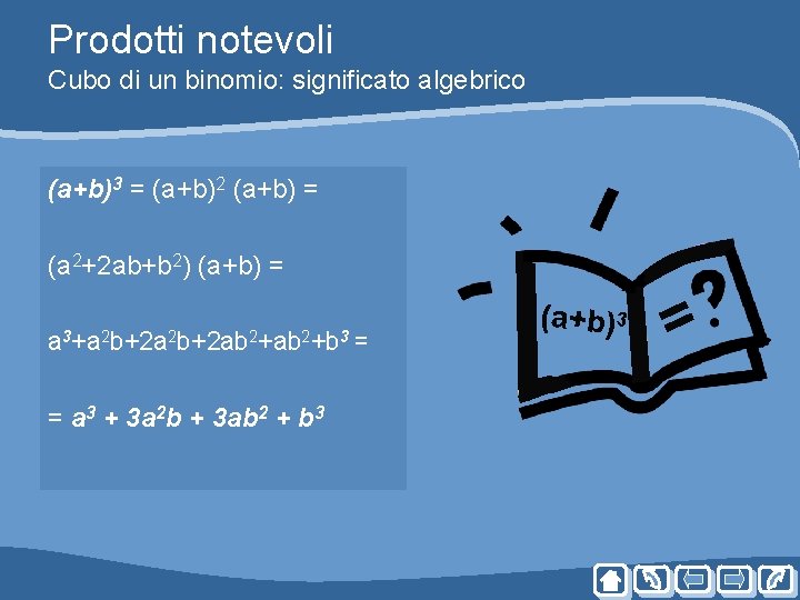 Prodotti notevoli Cubo di un binomio: significato algebrico (a+b)3 = (a+b)2 (a+b) = (a Prodotti notevoli Cubo di un binomio: significato algebrico (a+b)3 = (a+b)2 (a+b) = (a