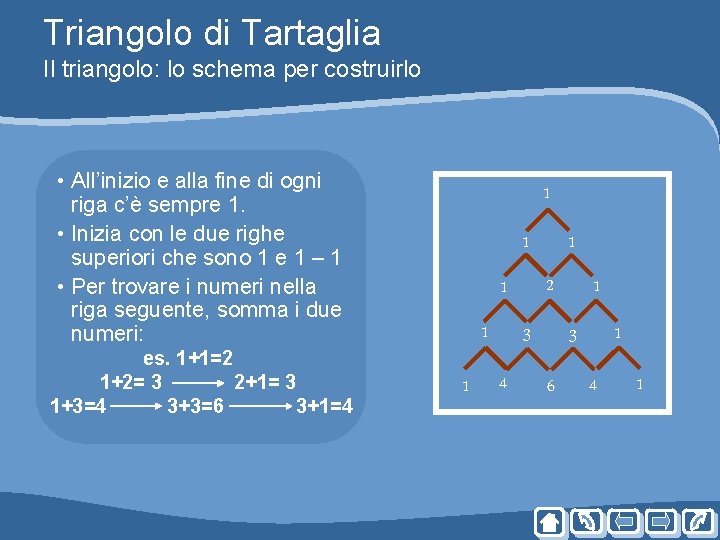 Triangolo di Tartaglia Il triangolo: lo schema per costruirlo • All’inizio e alla fine Triangolo di Tartaglia Il triangolo: lo schema per costruirlo • All’inizio e alla fine